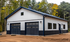 Large navy blue and white metal building in Alberta with clear skies, showcasing industrial architecture and modern design.