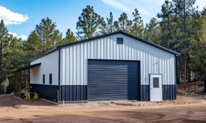 Metal building in white and navy blue in Ontario, surrounded by pine trees. Features forest backdrop and clear sky.